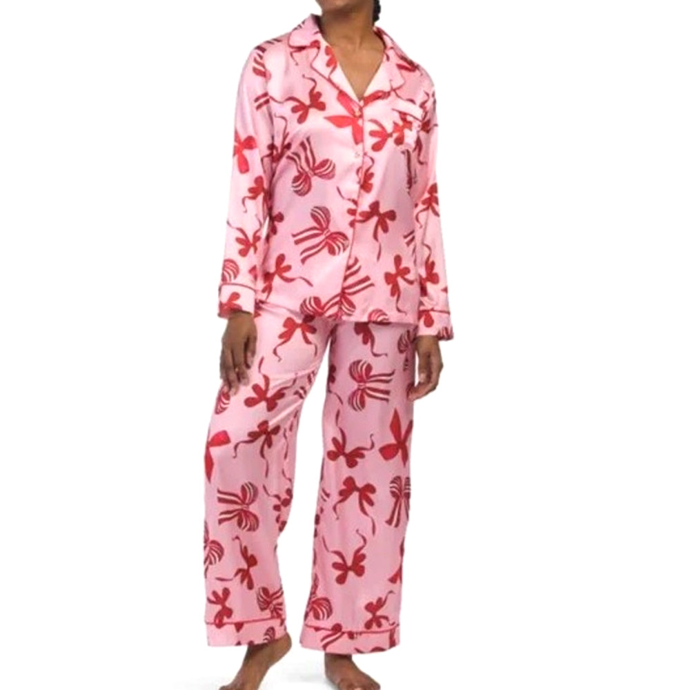 Dalia Macphee Pink Satin Bow Print Notch Collar Pajama Set Women's Large New